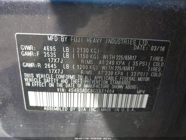 Продаж на аукціоні авто 2016 Subaru Outback 2.5i Premium, vin: 4S4BSADC8G3311404, номер лоту: 44711749
