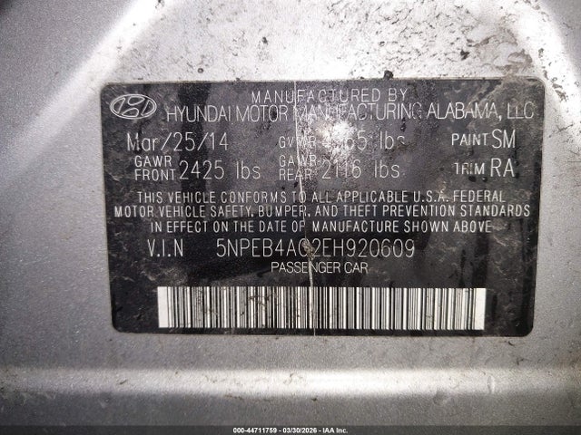 2014 Hyundai Sonata Gls მანქანა იყიდება აუქციონზე, vin: 5NPEB4AC2EH920609, აუქციონის ნომერი: 44711759