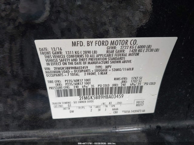 Ford FLEX SE 2017 2FMGK5B89HBA03459 Image 9