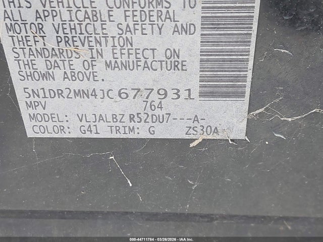 44711784 :رقم المزاد ، 5N1DR2MN4JC677931 vin ، 2018 Nissan Pathfinder S مزاد بيع