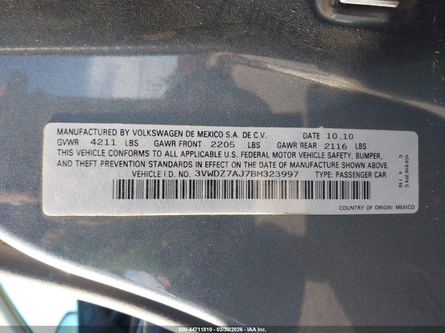 2011 Volkswagen Jetta 2.5l Se მანქანა იყიდება აუქციონზე, vin: 3VWDZ7AJ7BM323997, აუქციონის ნომერი: 44711810