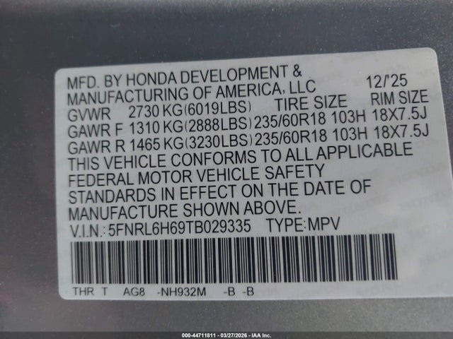 44711811 :رقم المزاد ، 5FNRL6H69TB029335 vin ، 2026 Honda Odyssey Ex-l مزاد بيع