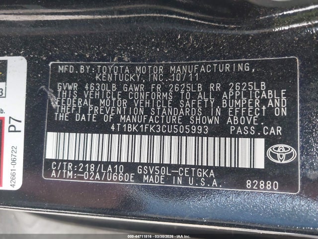 2012 Toyota Camry Se/xle მანქანა იყიდება აუქციონზე, vin: 4T1BK1FK3CU505993, აუქციონის ნომერი: 44711816