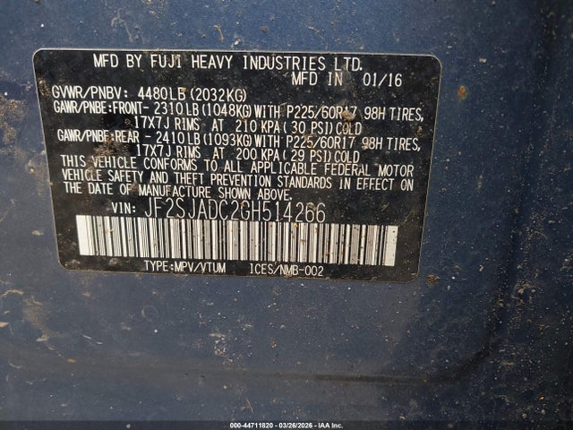 Aukcja sprzedaży 2016 Subaru Forester 2.5i Premium, vin: JF2SJADC2GH514266, numer aukcji: 44711820