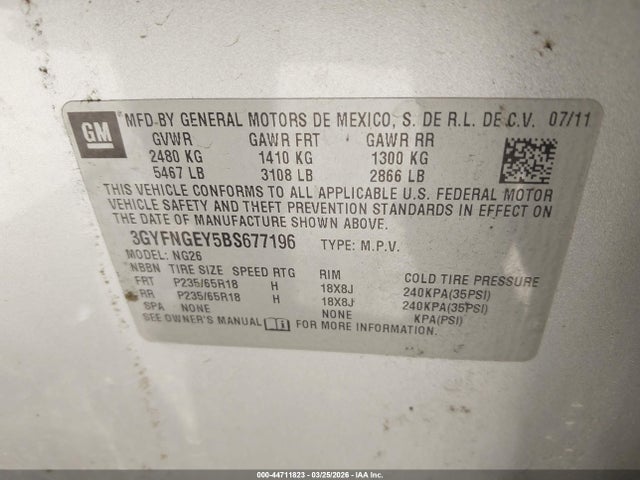 44711823 :رقم المزاد ، 3GYFNGEY5BS677196 vin ، 2011 Cadillac Srx Standard مزاد بيع