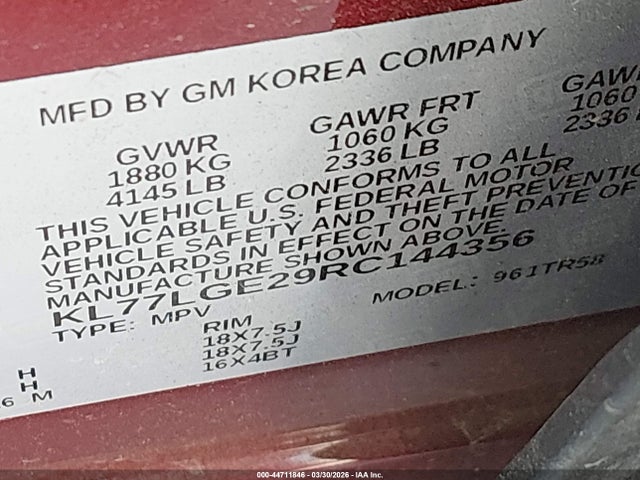 44711846 :رقم المزاد ، KL77LGE29RC144356 vin ، 2024 Chevrolet Trax Fwd 1rs مزاد بيع