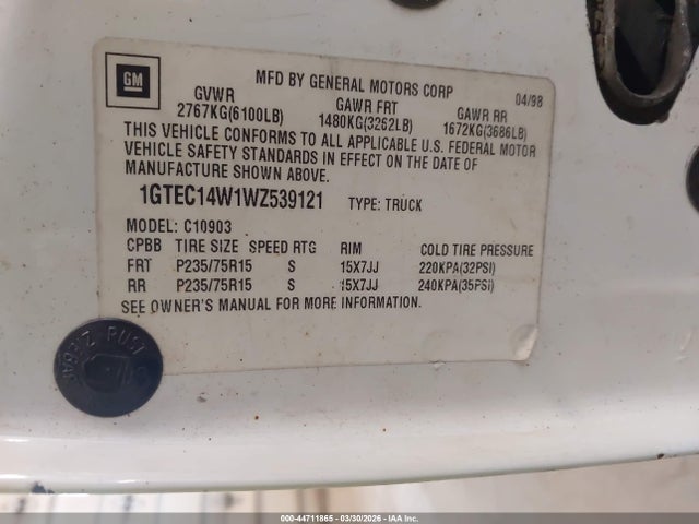 1998 Gmc Sierra 1500 Special მანქანა იყიდება აუქციონზე, vin: 1GTEC14W1WZ539121, აუქციონის ნომერი: 44711865