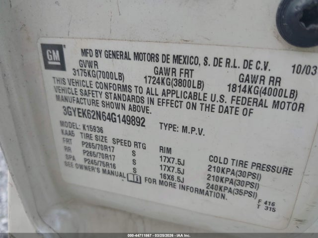 Aukcja sprzedaży 2004 Cadillac Escalade Ext Standard, vin: 3GYEK62N64G149892, numer aukcji: 44711867