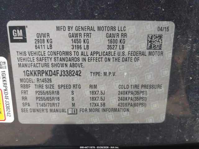 Aukcja sprzedaży 2015 Gmc Acadia Sle-2, vin: 1GKKRPKD4FJ338242, numer aukcji: 44711876