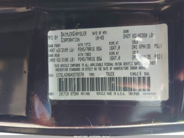Aukcja sprzedaży 2004 Dodge Dakota Slt, vin: 1D7GL42N64S576570, numer aukcji: 44711883