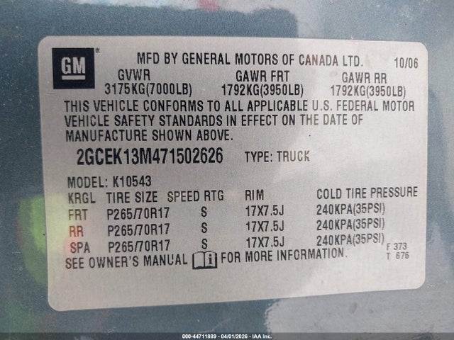 Продаж на аукціоні авто 2007 Chevrolet Silverado 1500 Lt1, vin: 2GCEK13M471502626, номер лоту: 44711889