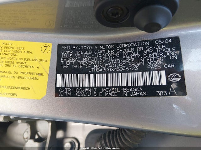 Aukcja sprzedaży 2004 Lexus Es 330, vin: JTHBA30GX45046723, numer aukcji: 44711890