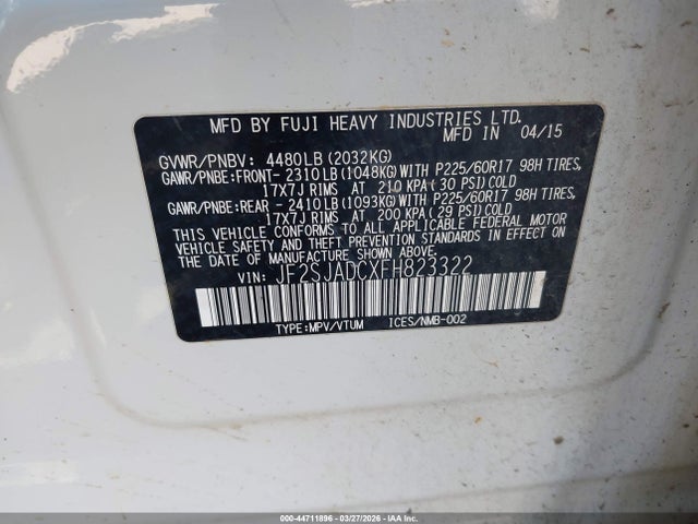 2015 Subaru Forester 2.5i Premium მანქანა იყიდება აუქციონზე, vin: JF2SJADCXFH823322, აუქციონის ნომერი: 44711896