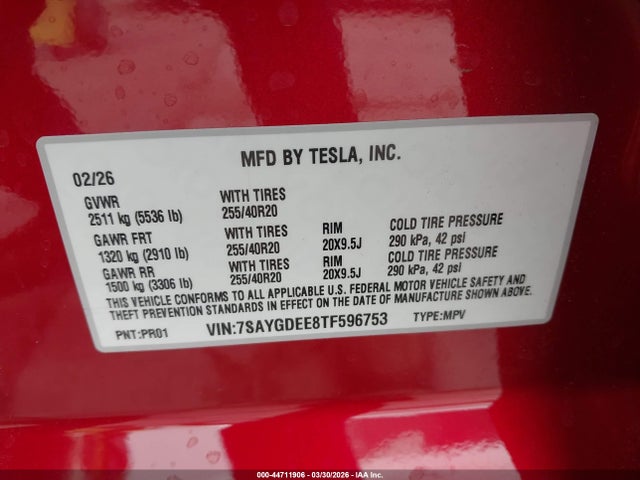 Aukcja sprzedaży 2026 Tesla Model Y All-wheel Drive/long Range Launch Series/premium All-wheel Drive, vin: 7SAYGDEE8TF596753, numer aukcji: 44711906