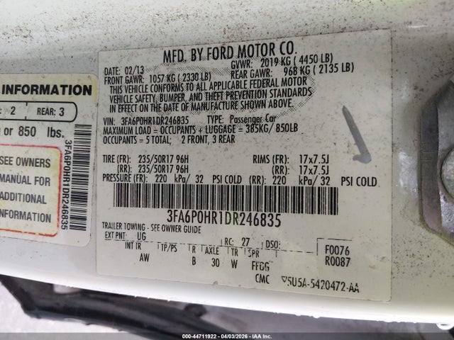 Продажа на аукционе авто 2013 Ford Fusion Se, vin: 3FA6P0HR1DR246835, номер лота: 44711922