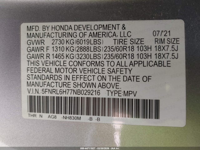 2022 HONDA ODYSSEY 5FNRL6H77NB029216 Photo 8