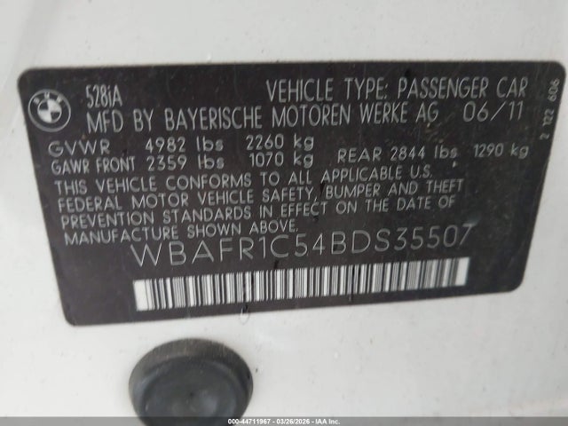 Продажа на аукционе авто 2011 Bmw 528i, vin: WBAFR1C54BDS35507, номер лота: 44711967