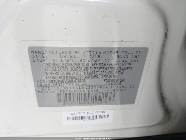 3N1CP5BV5ML476836 Nissan Kicks S Xtronic Cvt