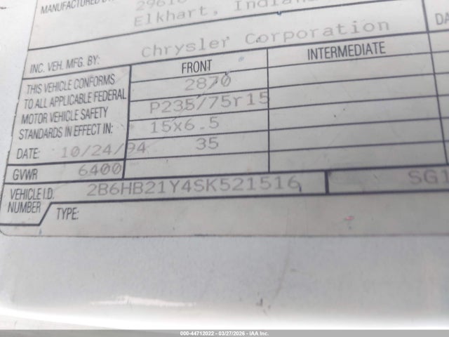 Aukcja sprzedaży 1995 Dodge Ram Van B2500, vin: 2B6HB21Y4SK521516, numer aukcji: 44712022