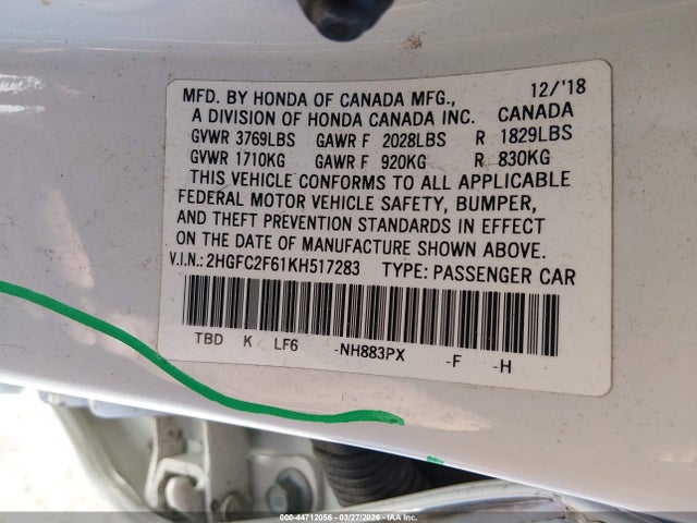 44712056 :رقم المزاد ، 2HGFC2F61KH517283 vin ، 2019 Honda Civic Lx مزاد بيع