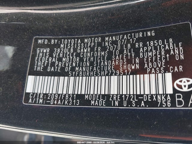 5YFBURHE5HP729517 Toyota COROLLA LE