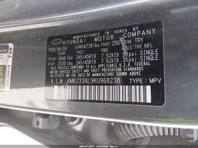 2019 Hyundai Tucson Night მანქანა იყიდება აუქციონზე, vin: KM8J33AL9KU968238, აუქციონის ნომერი: 44712077