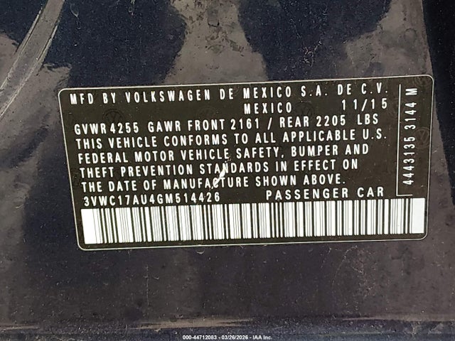 Aukcja sprzedaży 2016 Volkswagen Golf Sportwagen Tsi Se 4-door, vin: 3VWC17AU4GM514426, numer aukcji: 44712083