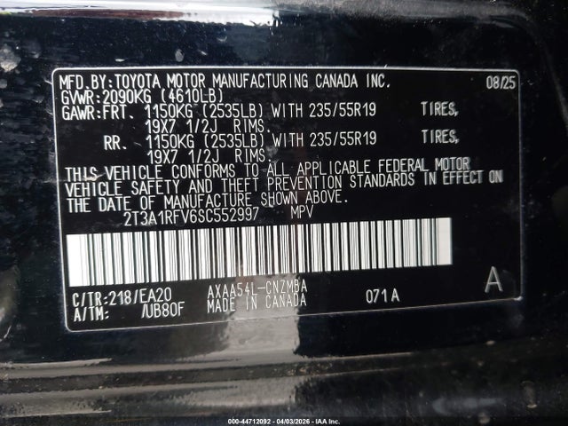 2025 Toyota Rav4 Xle Premium მანქანა იყიდება აუქციონზე, vin: 2T3A1RFV6SC552997, აუქციონის ნომერი: 44712092