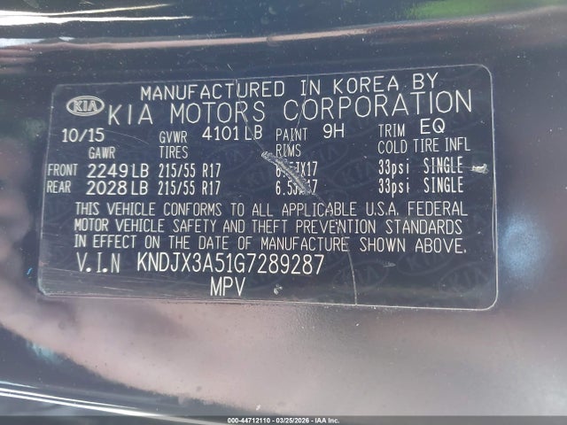 2016 Kia Soul ! მანქანა იყიდება აუქციონზე, vin: KNDJX3A51G7289287, აუქციონის ნომერი: 44712110