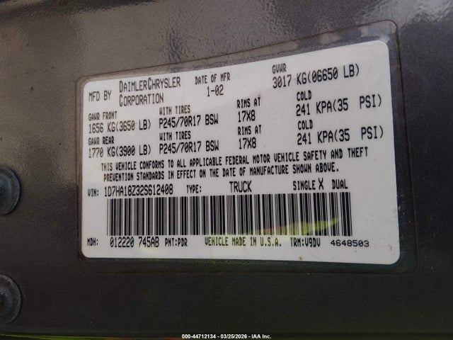 Продажа на аукционе авто 2002 Dodge Ram 1500 St, vin: 1D7HA18Z32S612408, номер лота: 44712134