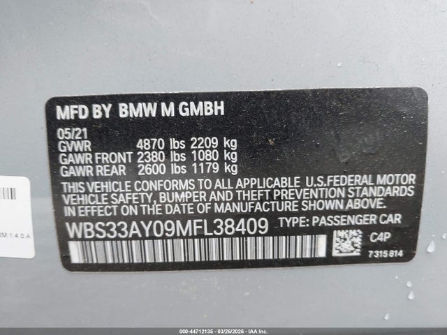 44712135 :رقم المزاد ، WBS33AY09MFL38409 vin ، 2021 Bmw M3 Competition مزاد بيع