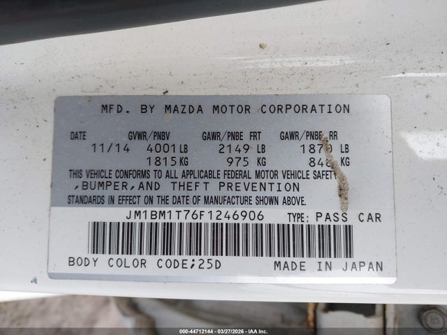 Aukcja sprzedaży 2015 Mazda Mazda3 I Sv, vin: JM1BM1T76F1246906, numer aukcji: 44712144