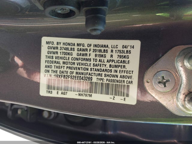 44712161 :رقم المزاد ، 19XFB2F52EE043269 vin ، 2014 Honda Civic Lx مزاد بيع