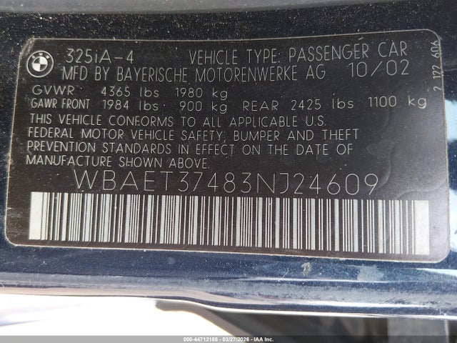 Продажа на аукционе авто 2003 Bmw 325i, vin: WBAET37483NJ24609, номер лота: 44712188