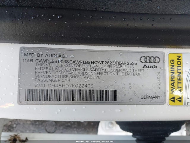 44712207 :رقم المزاد ، WAUDH48H07K022409 vin ، 2007 Audi A4 3.2 مزاد بيع