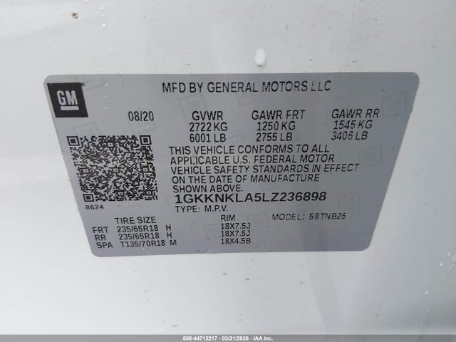 2020 Gmc Acadia Sle მანქანა იყიდება აუქციონზე, vin: 1GKKNKLA5LZ236898, აუქციონის ნომერი: 44712217