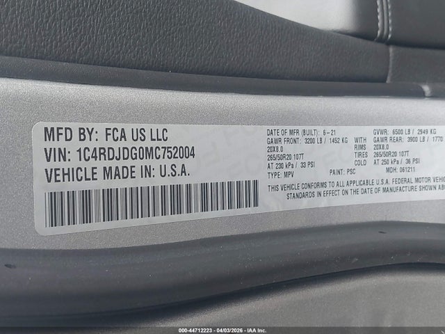 Продажа на аукционе авто 2021 Dodge Durango Gt Plus Awd, vin: 1C4RDJDG0MC752004, номер лота: 44712223
