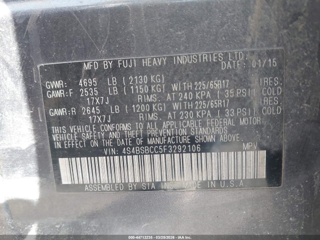 2015 Subaru Outback 2.5i Premium მანქანა იყიდება აუქციონზე, vin: 4S4BSBCC5F3292106, აუქციონის ნომერი: 44712235