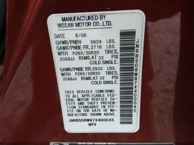 Aukcja sprzedaży 2007 Infiniti Fx45, vin: JNRBS08W87X400045, numer aukcji: 44712246
