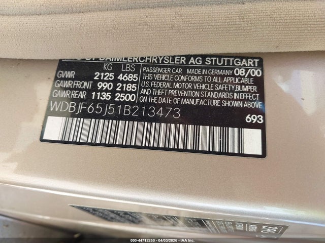 2001 Mercedes-benz E 320 მანქანა იყიდება აუქციონზე, vin: WDBJF65J51B213473, აუქციონის ნომერი: 44712250