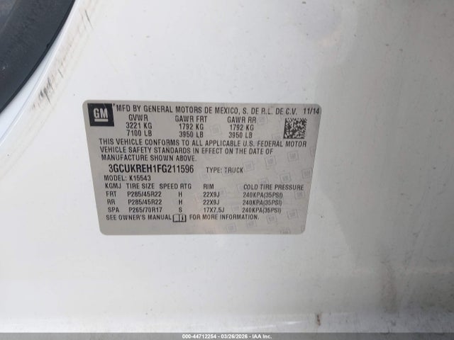 44712254 :رقم المزاد ، 3GCUKREH1FG211596 vin ، 2015 Chevrolet Silverado 1500 1lt مزاد بيع