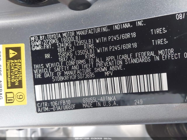 Toyota Highlander Le V6 2015 5TDBKRFH3FS073695 Image 9