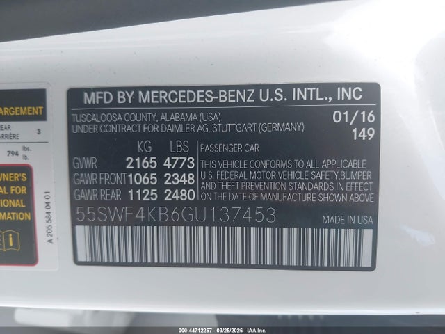 Продаж на аукціоні авто 2016 Mercedes-benz C 300 4matic, vin: 55SWF4KB6GU137453, номер лоту: 44712257