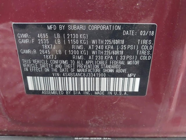 Aukcja sprzedaży 2018 Subaru Outback 2.5i Limited, vin: 4S4BSANC8J3341900, numer aukcji: 44712258
