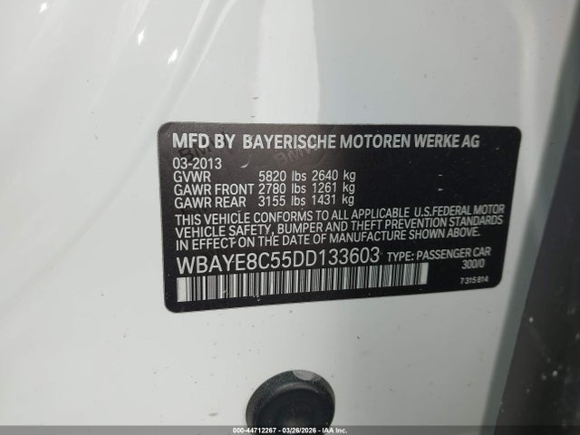 44712267 :رقم المزاد ، WBAYE8C55DD133603 vin ، 2013 Bmw 750li مزاد بيع