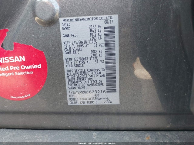 5N1AT2MV9HC873216 Nissan Rogue Sl