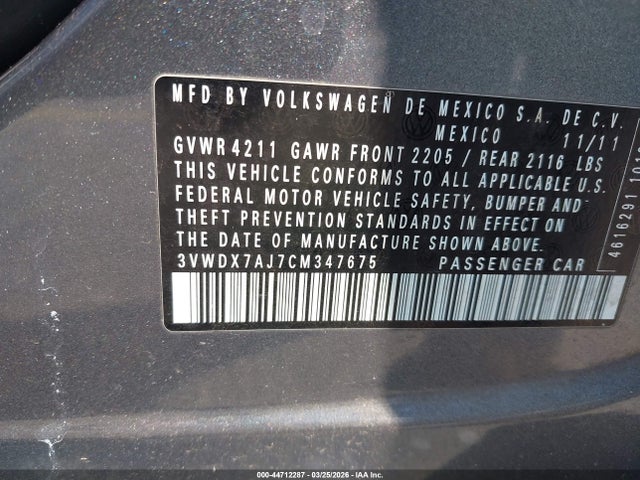 Продажа на аукционе авто 2012 Volkswagen Jetta 2.5l Se, vin: 3VWDX7AJ7CM347675, номер лота: 44712287