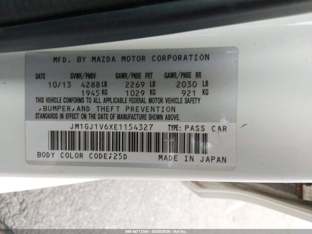 Продаж на аукціоні авто 2014 Mazda Mazda6 I Touring, vin: JM1GJ1V6XE1154327, номер лоту: 44712300