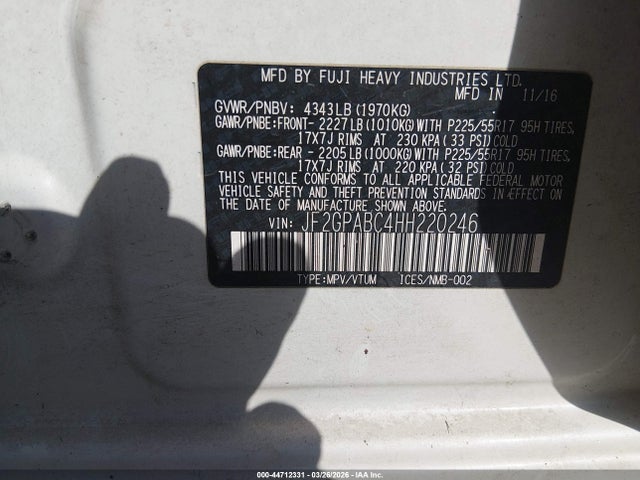 2017 Subaru Crosstrek 2.0i Premium მანქანა იყიდება აუქციონზე, vin: JF2GPABC4HH220246, აუქციონის ნომერი: 44712331