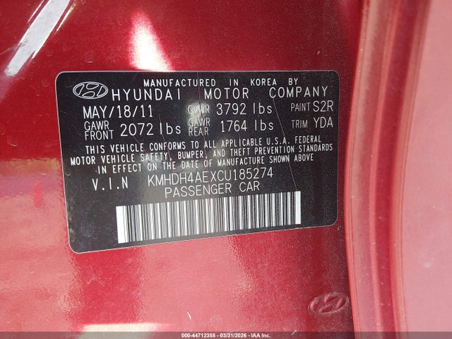 Продаж на аукціоні авто 2012 Hyundai Elantra Gls (ulsan Plant), vin: KMHDH4AEXCU185274, номер лоту: 44712358